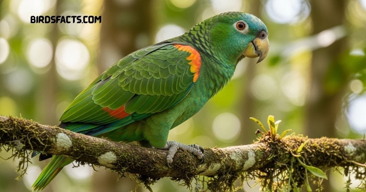Orange-winged Amazon parrot with green body and orange-yellow wing feathers perched on a branch