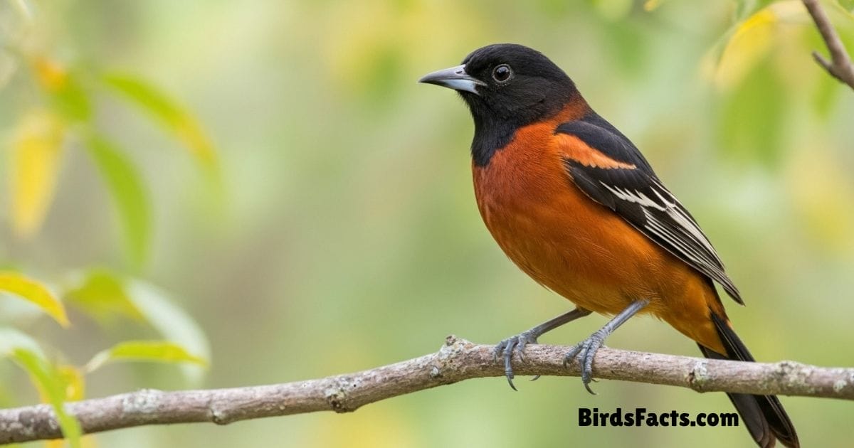 Orchard Oriole Perched On Branch Showing Bright Orange Body Black Head And Wings