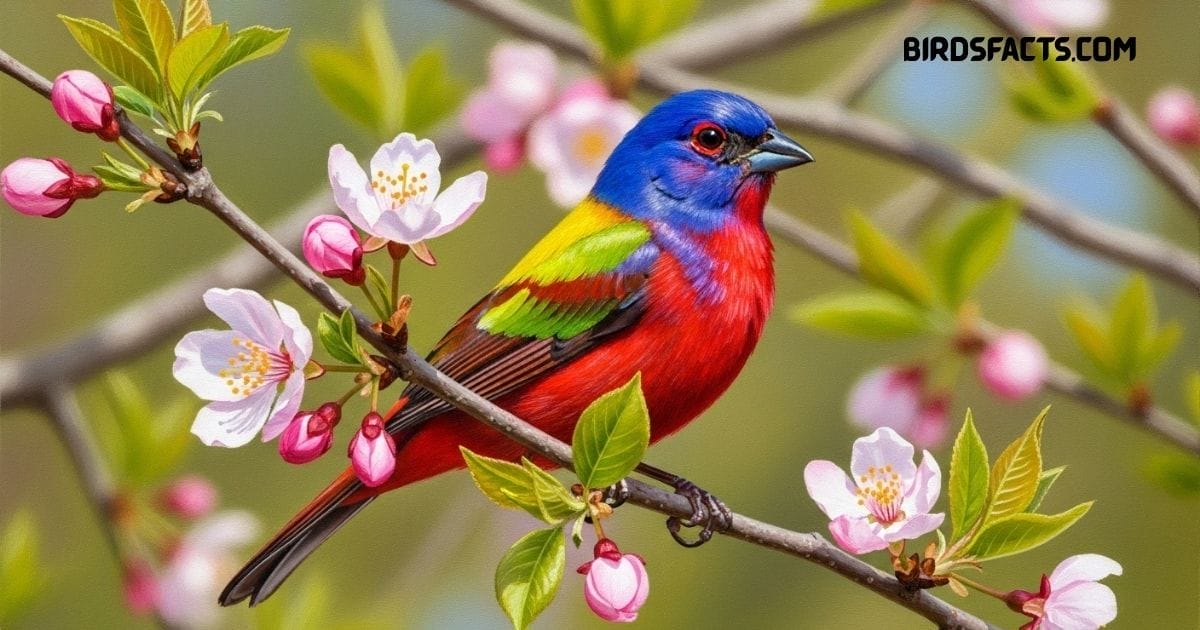 Painted Bunting songbird with bright blue head, red chest, and green back perched on a branch