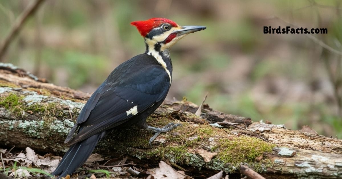 Pileated Woodpecker Perched On Tree Trunk Showing Black Body White Stripes And Bright Red Crest