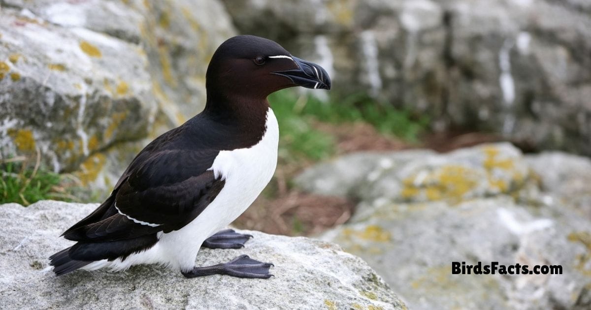 Razorbill Standing On Rock Showing Black Body White Belly And Thick Black Beak With White Line