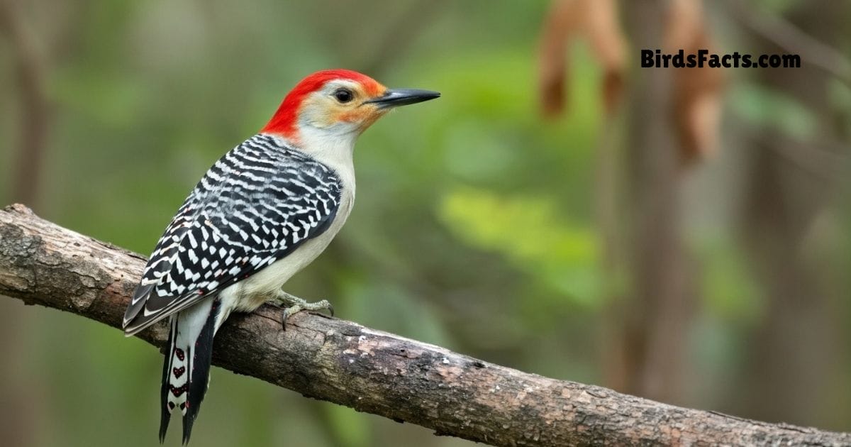 Red Bellied Woodpecker Perched On Tree Trunk Showing Red Head Black White Striped Body