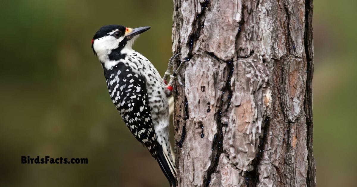 Red Cockaded Woodpecker Perched On Tree Trunk Showing Black White Plumage And Small Red Patch