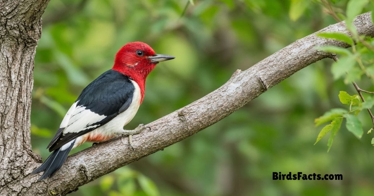Red Headed Woodpecker Perched On Tree Trunk Showing Bright Red Head White Body And Black Wings