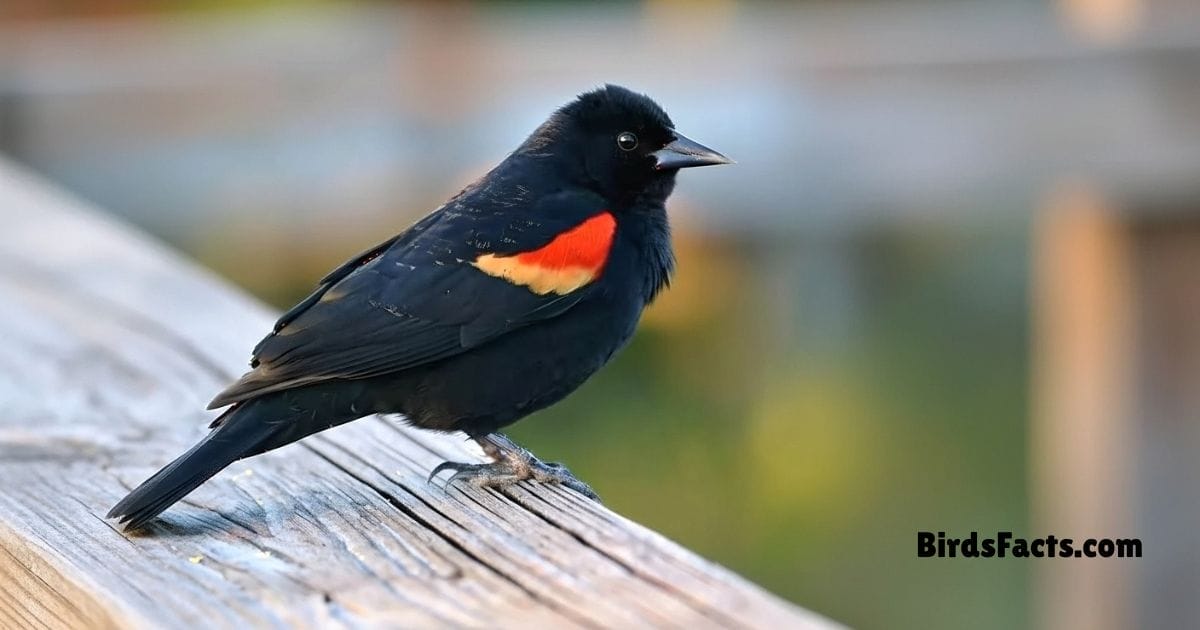 Red Winged Blackbird Perched On Reed Showing Black Body Bright Red And Yellow Shoulder Patches