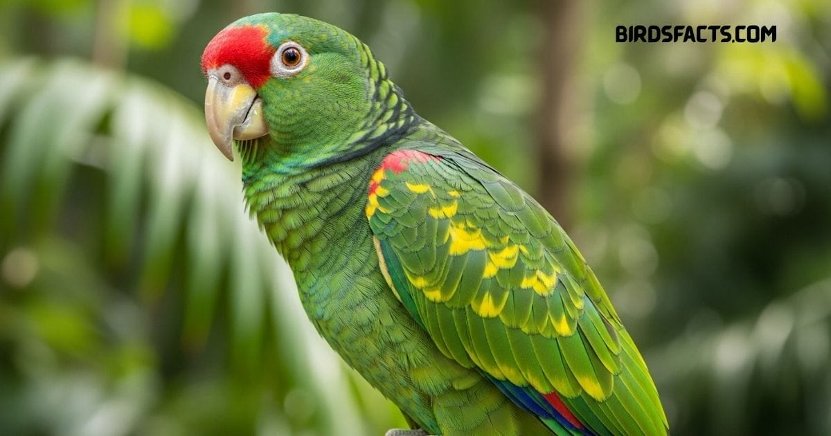 Red-crowned Amazon Parrot with bright green body and vivid red crown perched on a branch