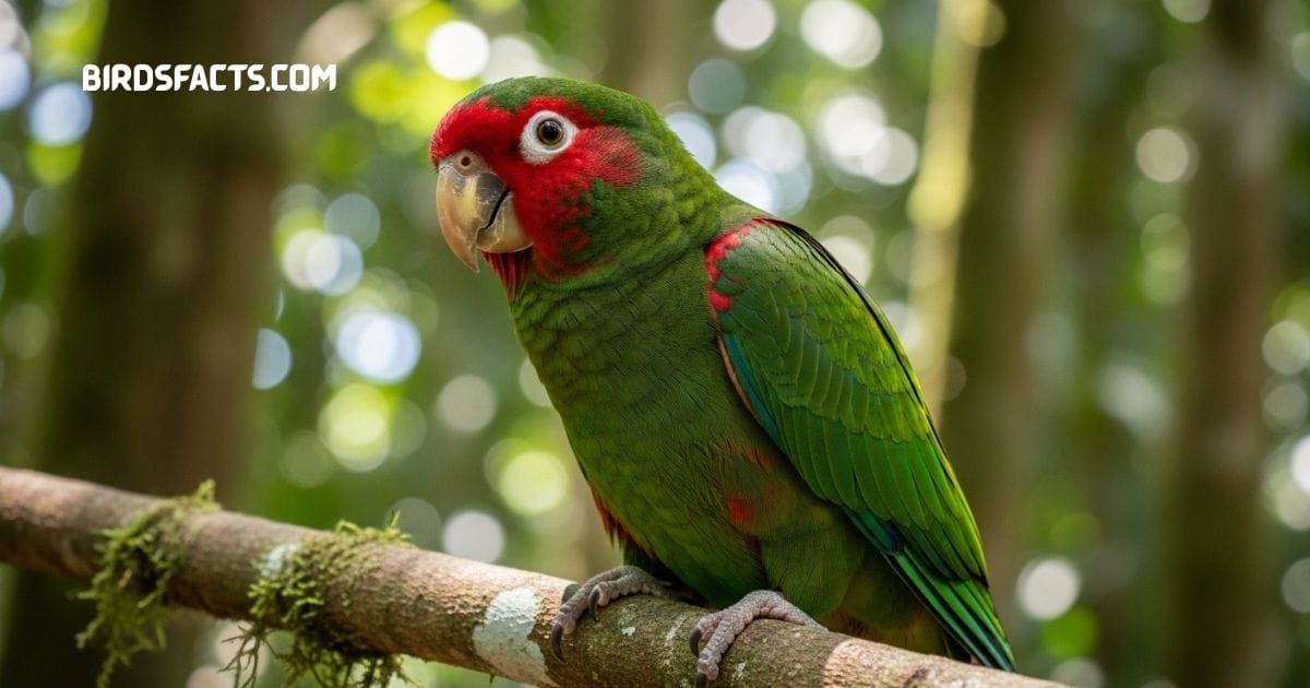Red-masked Parakeet with bright green body and red face perched on a branch