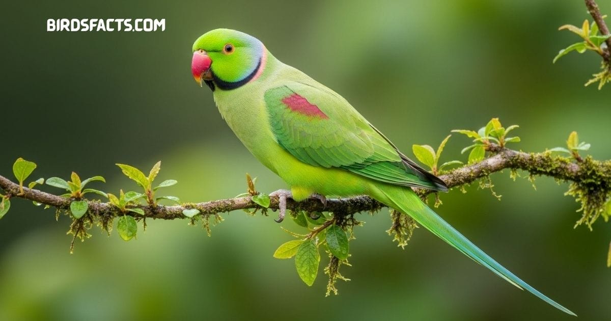 Rose-ringed Parakeet with bright green plumage and red beak perched on a branch