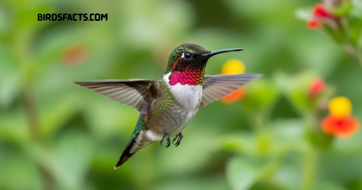 Ruby-throated Hummingbird hovering near a flower with its bright red throat shining