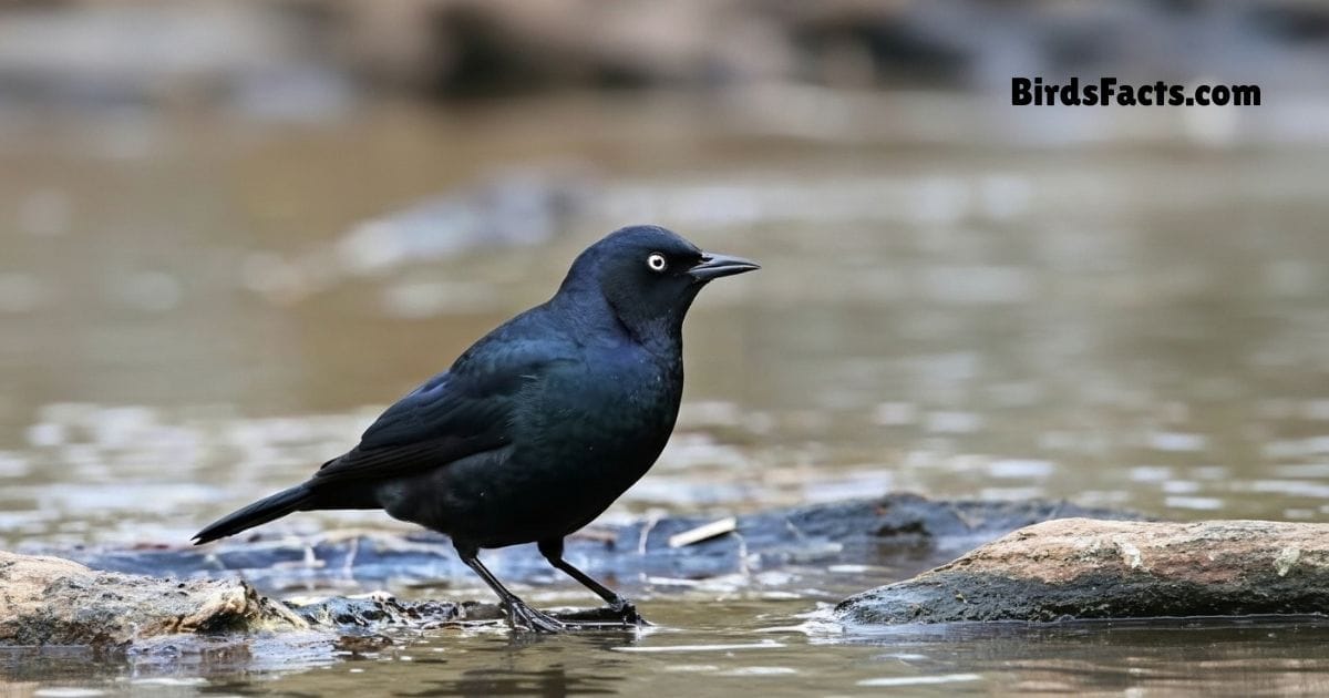 Rusty Blackbird Perched On Branch Showing Dark Rusty Brown Plumage And Glossy Black Wings