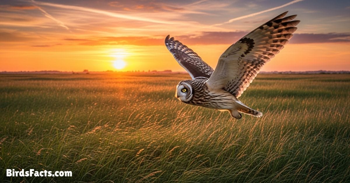 Short Eared Owl Flying Low Over A Grassland Showing Brown And Cream Feathers Rounded Head And Yellow Eyes With A Sunset Sky Background Short Eared Owl Flying Low Over A Grassland Showing Brown And Cream Feathers Rounded Head And Yellow Eyes With A Sunset Sky Background