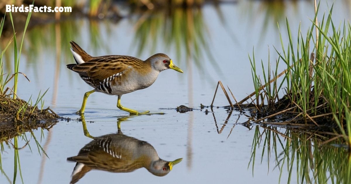 Sora Walking Near The Edge Of A Marsh Showing Brown And Gray Feathers Yellow Beak And Short Tail With Reflections In The Wetland Background Sora Walking Near The Edge Of A Marsh Showing Brown And Gray Feathers Yellow Beak And Short Tail With Reflections In The Wetland Background