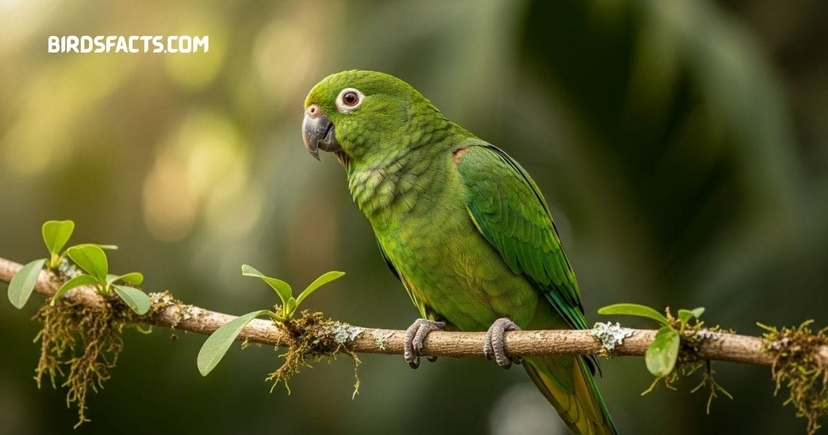 White-eyed Parakeet with bright green body and red patches perched on a tree branch