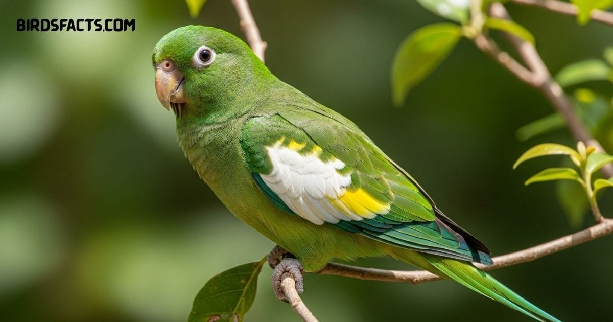 White-winged Parakeet with bright green plumage and white wing patches perched on a branch