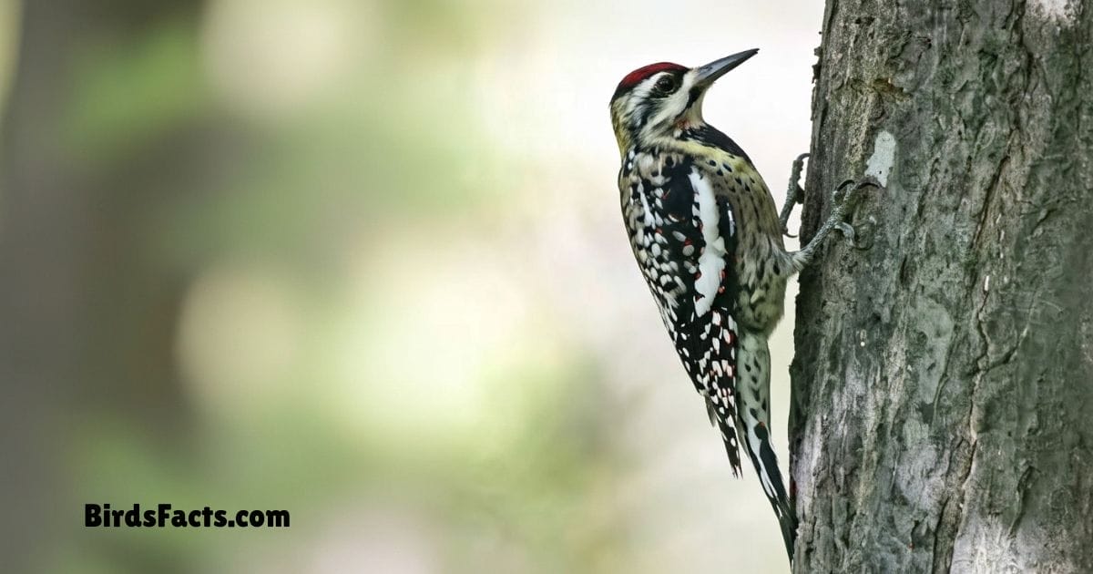 Yellow Bellied Sapsucker Perched On Tree Trunk Showing Yellow Belly Red Head And Black White Wings