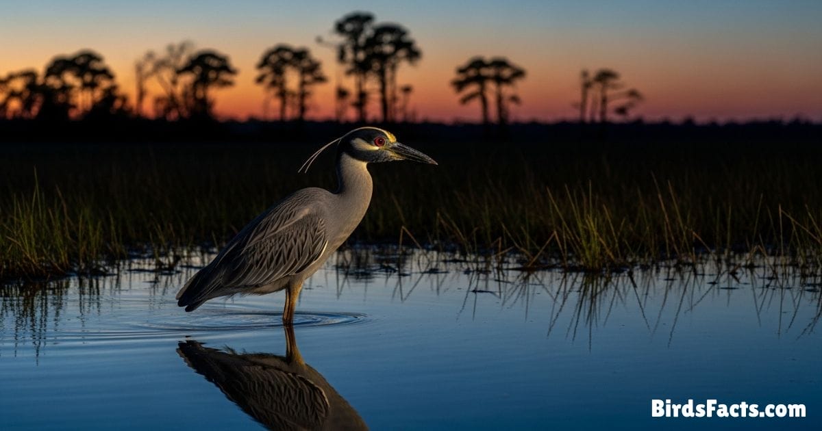 Yellow Crowned Night Heron Standing In Shallow Water Showing Gray Body Yellow Crown Black Head And Red Eyes With A Marshland Background At Dusk Yellow Crowned Night Heron Standing In Shallow Water Showing Gray Body Yellow Crown Black Head And Red Eyes With A Marshland Background At Dusk