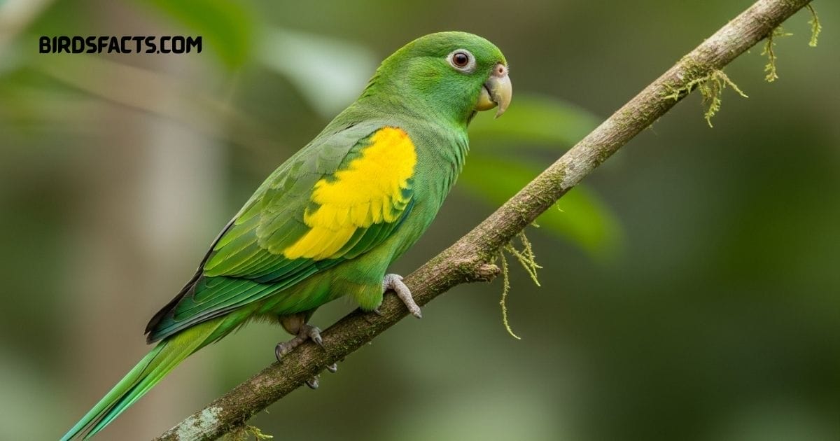 Yellow-chevroned Parakeet with bright green plumage and yellow wing markings perched on a branch