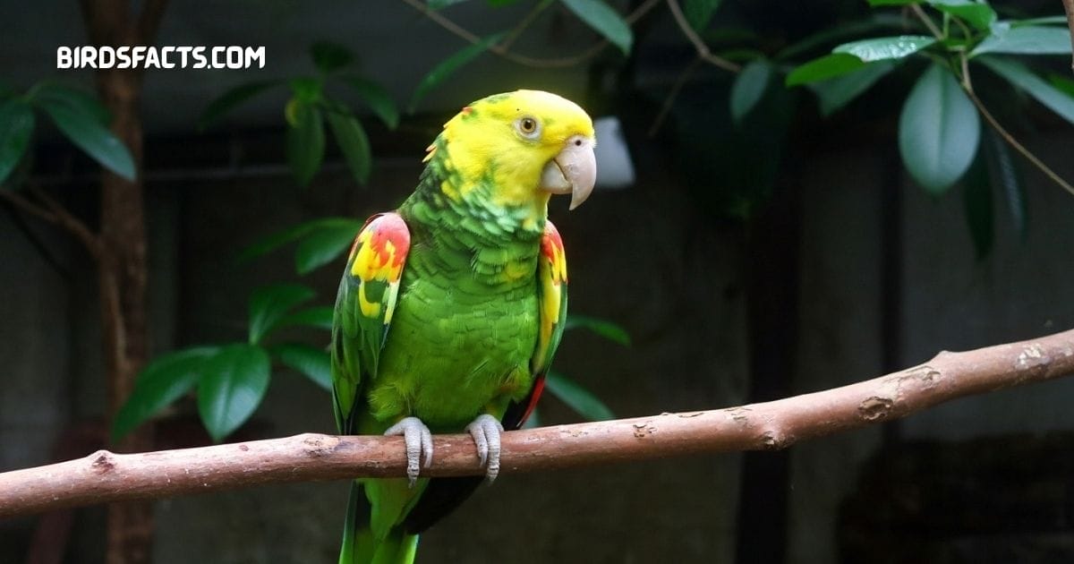 Yellow-headed Amazon parrot with bright green plumage and golden-yellow head perched on a tree branch