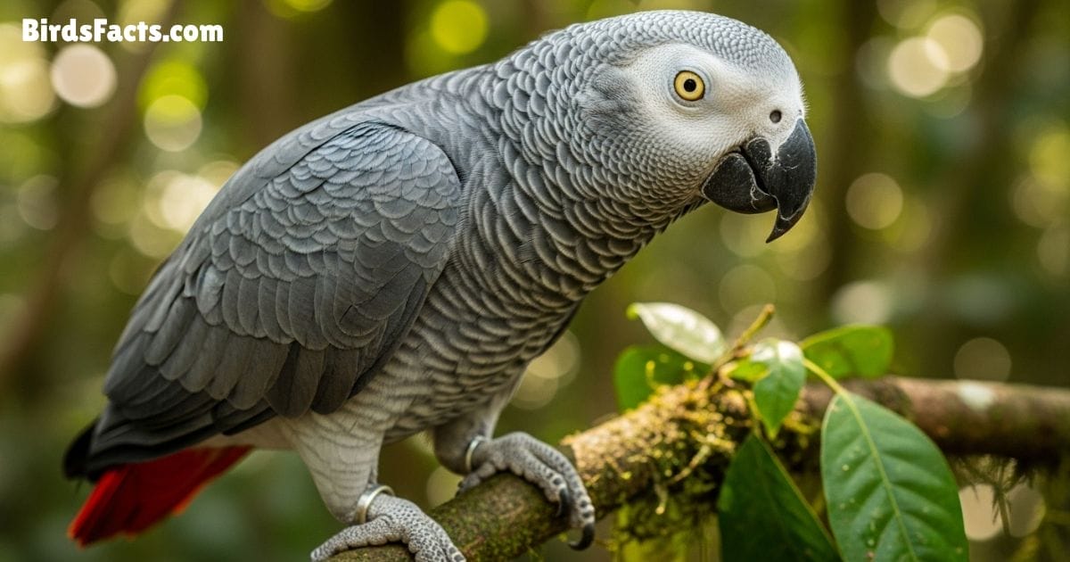 African Grey Parrot Perched On A Wooden Branch Showing Its Silvery Gray Feathers White Face And Bright Red Tail Looking Alert And Intelligent In A Natural Background