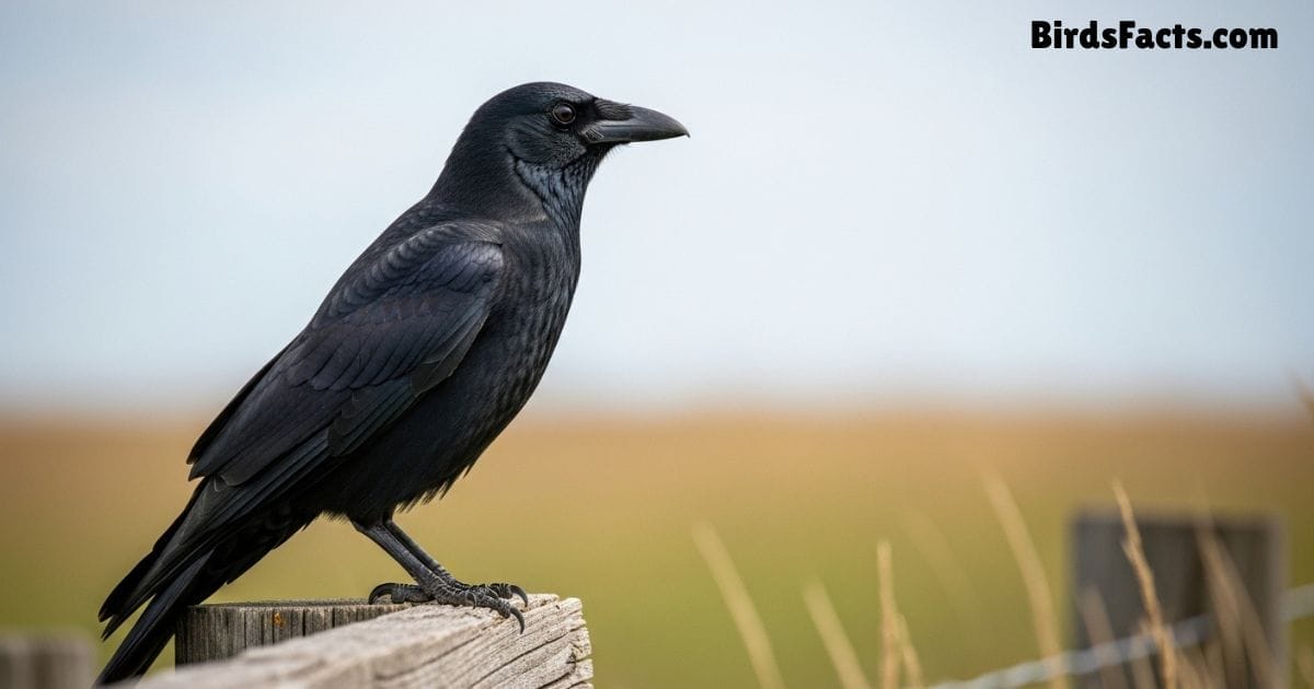 American Crow Standing On A Tree Branch With Shiny Black Feathers Bright Eyes And Strong Beak Against A Clear Blue Sky Background