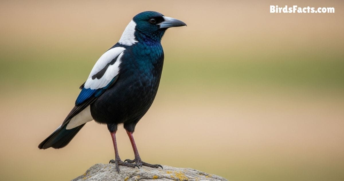 Australian Magpie Standing On Green Grass With Black And White Plumage Sharp Beak And Alert Eyes Under Bright Sunlight