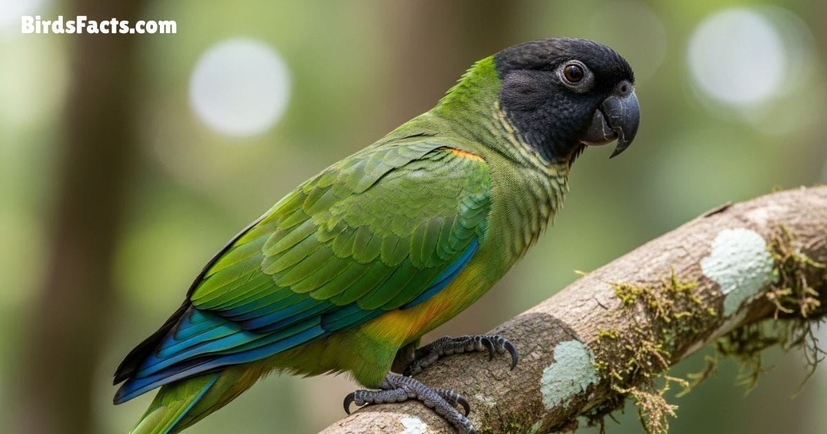 Black Hooded Parakeet Sitting On A Tree Branch Showing Bright Green Feathers Black Head And Blue Wing Tips In A Natural Outdoor Setting