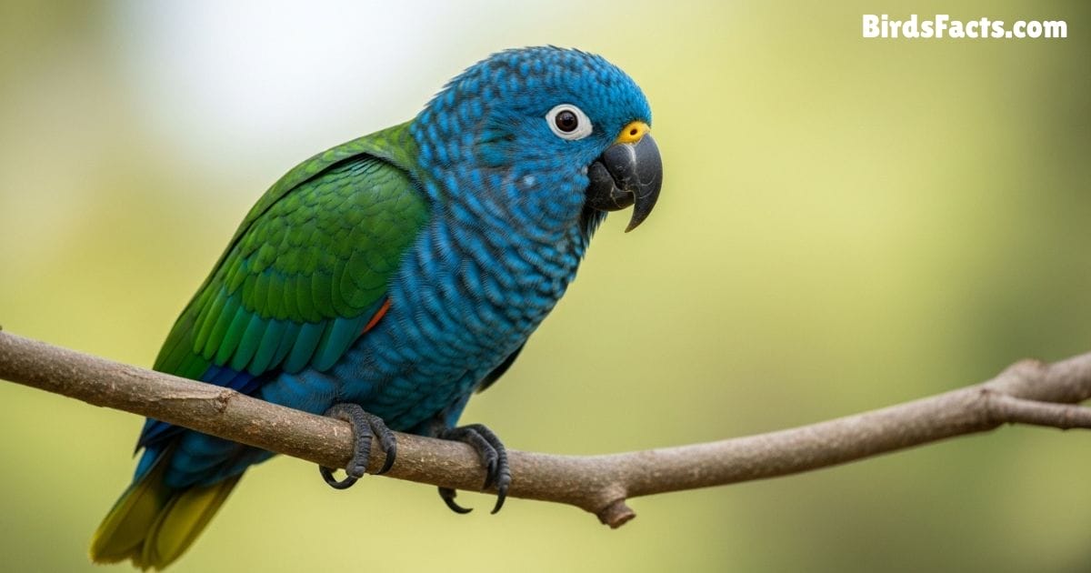 Blue Fronted Amazon Perched On A Branch Displaying Vibrant Green Feathers Blue Forehead And Yellow Face With A Curious Expression In A Tropical Setting
