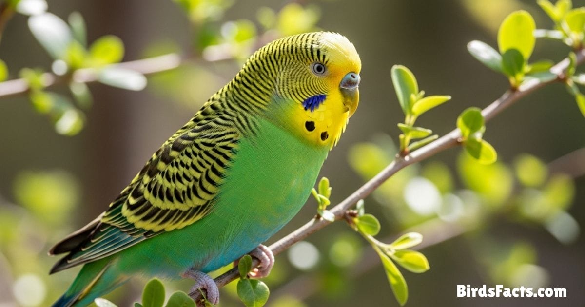Budgerigar Sitting On A Wooden Perch Showing Bright Green And Yellow Feathers With Black Wing Patterns And A Curious Expression In A Natural Background