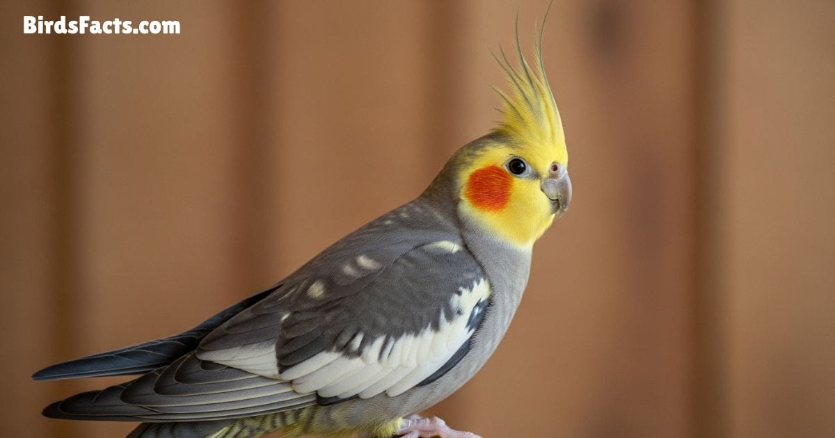 Cockatiel Perched On A Wooden Branch Showing Grey And Yellow Feathers With Bright Orange Cheek Patches And A Raised Crest In A Natural Background