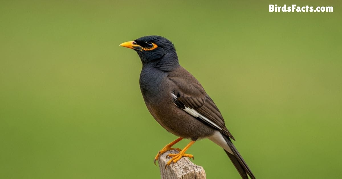 Common Myna Standing On A Wall Showing Brown Body Black Head Yellow Beak And Bright Yellow Eye Patches With A Confident Stance In An Urban Background