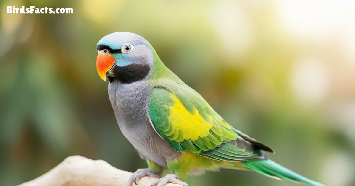 Derbyan Parakeet Perched On A Tree Branch Showing Green Wings Blue Head And Pink Chest With A Distinctive Black Neck Ring In A Natural Forest Background
