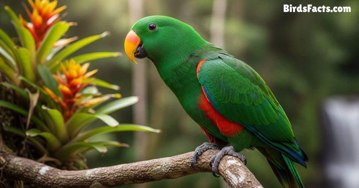 Eclectus Parrot Perched On A Tree Branch Showing Bright Green Feathers For Male And Vibrant Red And Blue Plumage For Female With A Shiny Orange Beak In A Lush Tropical Background