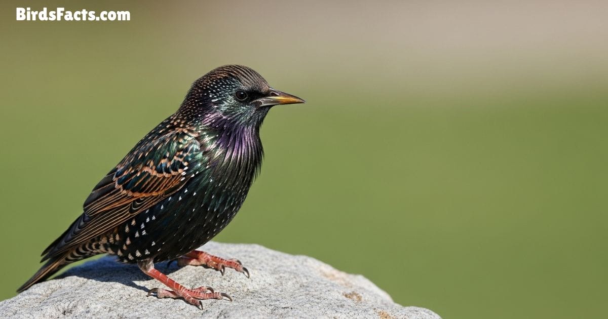 European Starling Standing On Green Grass Showing Iridescent Black Feathers With Purple And Green Sheen Sharp Yellow Beak And Alert Eyes In A Natural Outdoor Setting