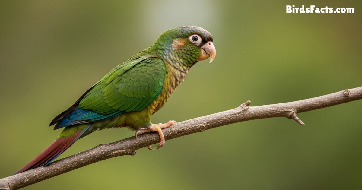 Green Cheeked Conure Perched On A Wooden Branch Showing Green Feathers Maroon Tail And Beige Chest With A Curious Expression In A Natural Tropical Background