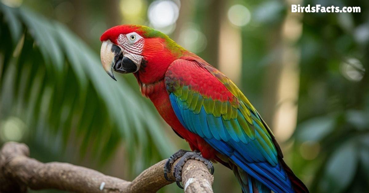 Green Winged Macaw Perched On A Tree Branch Displaying Bright Red Blue And Green Feathers With A Large Curved Beak And White Facial Patches In A Tropical Jungle Background