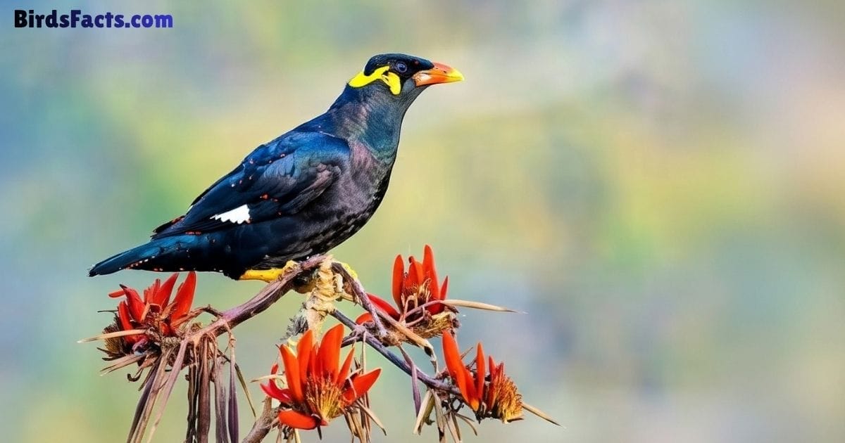 Hill Myna Perched On A Tree Branch Showing Glossy Black Feathers Bright Orange Yellow Beak And Distinctive Yellow Wattles With A Lush Green Forest Background
