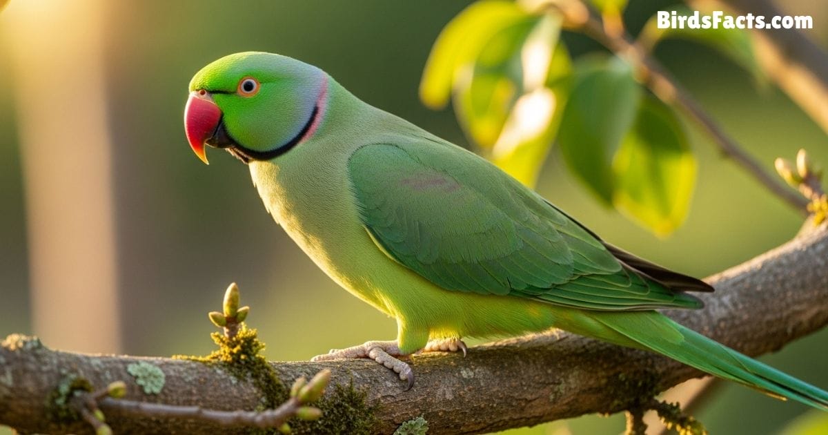 Indian Ringneck Parakeet Perched On A Tree Branch Showing Bright Green Feathers Red Beak And Distinctive Black Neck Ring With A Natural Forest Background