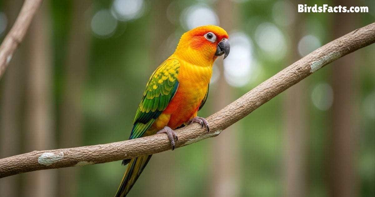 Jenday Conure Perched On A Tree Branch Displaying Bright Orange Yellow And Green Feathers With A Short Tail And Curious Expression In A Tropical Forest Background