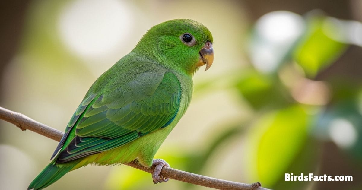 Pacific Parrotlet Perched On A Wooden Branch Showing Bright Green Feathers Blue Wing Highlights And Small Stature With A Curious Expression In A Natural Tropical Background