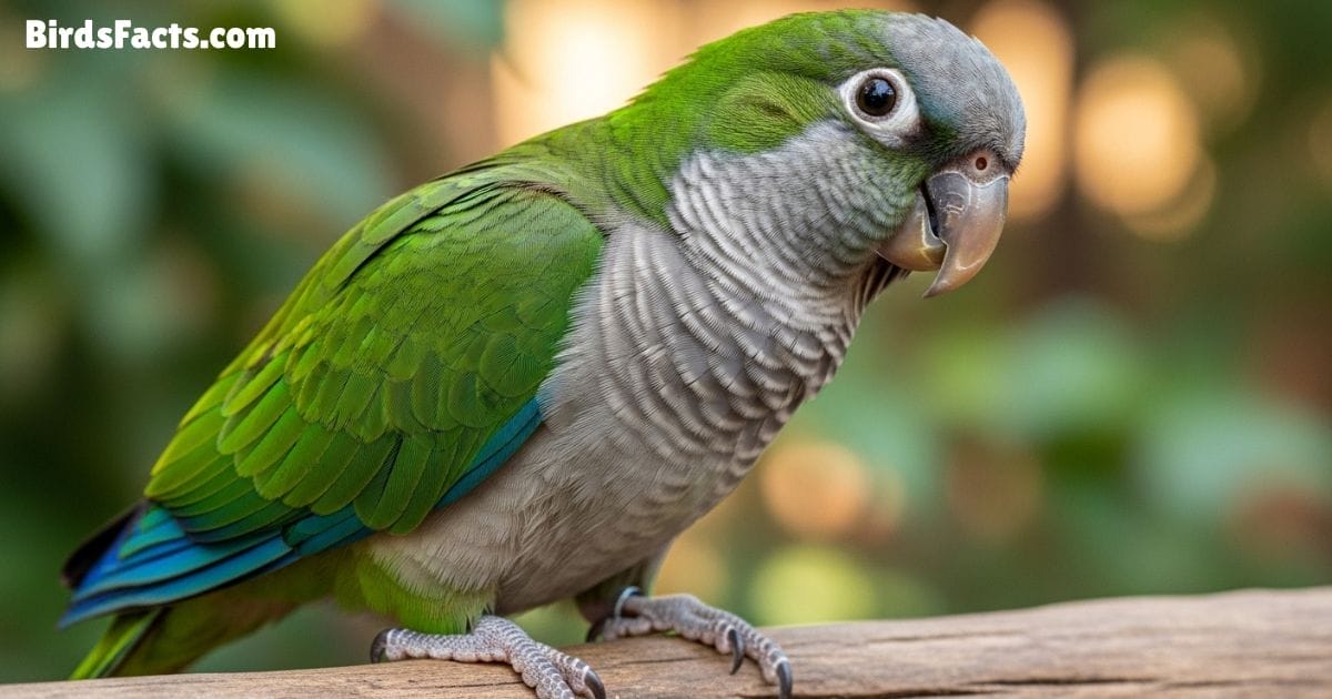 Quaker Parrot Perched On A Wooden Branch Showing Bright Green Feathers Gray Chest And Blue Wing Tips With An Alert And Playful Expression In A Natural Background