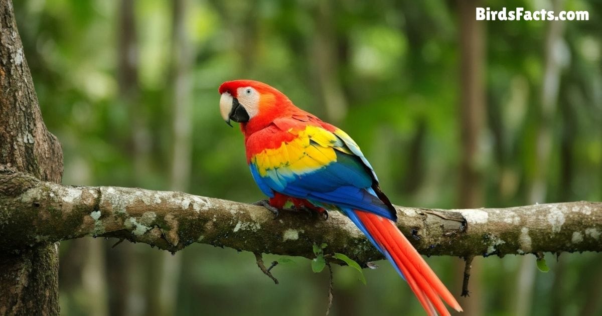 Scarlet Macaw Perched On A Tree Branch Displaying Bright Red Blue And Yellow Feathers With A Large Curved Beak And White Facial Patches In A Tropical Rainforest Background