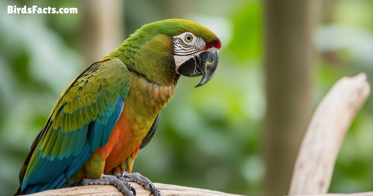Severe Macaw Perched On A Tree Branch Showing Green Feathers Chestnut Forehead And Blue Wing Tips With A Curious Expression In A Lush Tropical Background