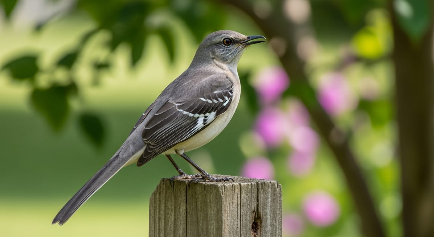 Northern Mockingbird Perched On A Wooden Fence Showing Gray And White Feathers Long Tail And Sharp Beak With An Alert Expression In A Natural Garden Background