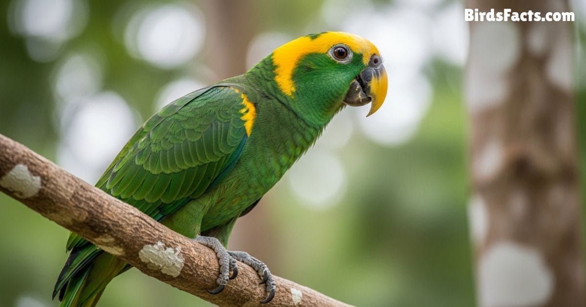 Yellow Naped Amazon Perched On A Tree Branch Displaying Bright Green Feathers Distinct Yellow Patch On The Back Of Its Neck And Strong Curved Beak With A Tropical Forest Background