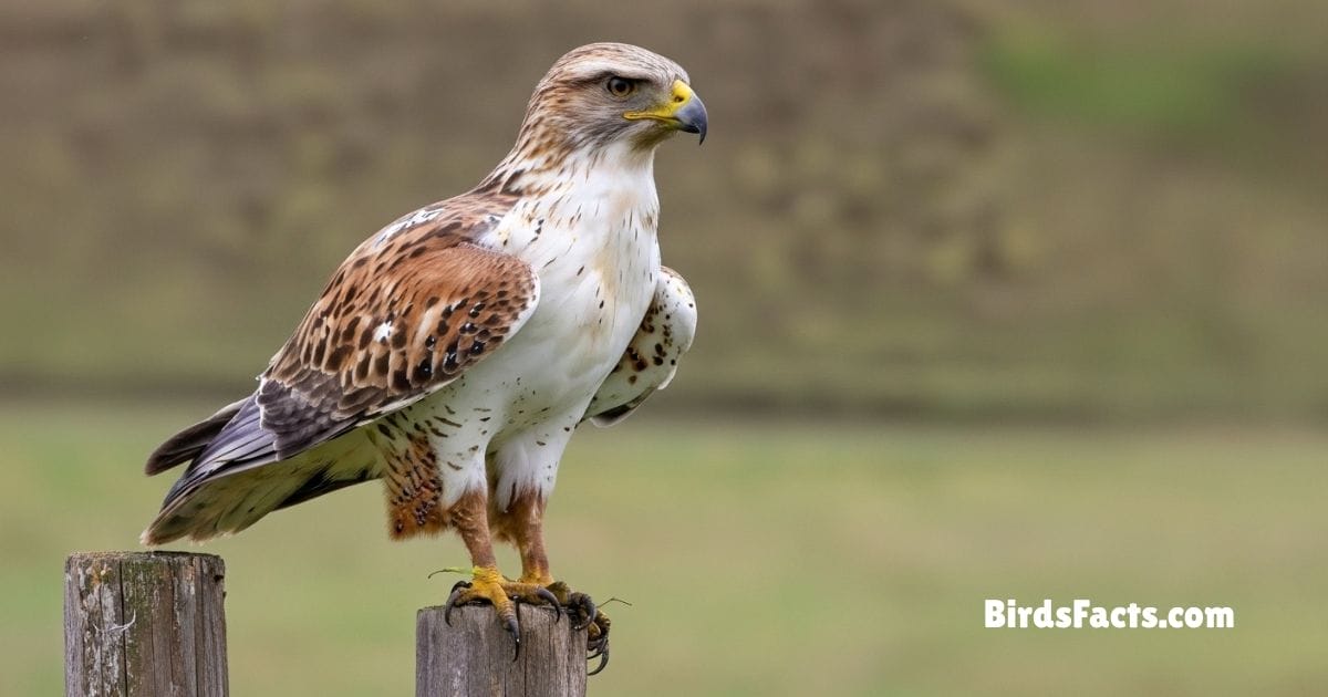 Ferruginous Hawk Perched On Fence Post With Reddish Brown Back Streaked Legs And Wide Powerful Wings