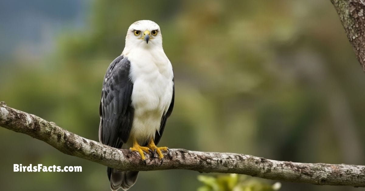 Mantled Hawk Perched On Tree Branch With Dark Gray Mantle White Underparts And Strong Sharp Beak