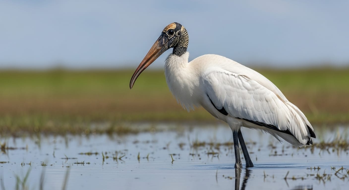 Wood Stork With Large Curved Beak, White Body, And Dark Feathered Wings Standing In Wetlands