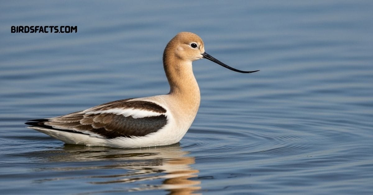 American Avocet With Slender Upturned Beak, Long Legs, And Black-and-white Wings Wading In Shallow Water