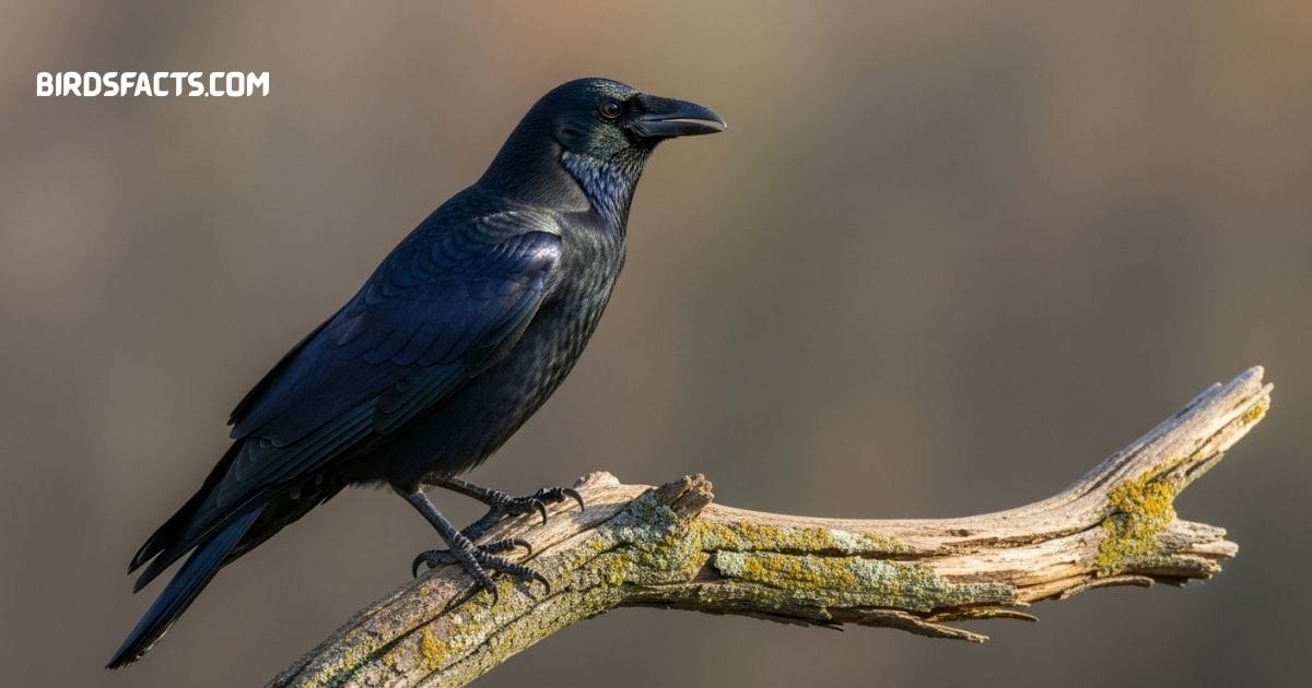 “An American Crow with glossy black feathers perched on a tree branch.”