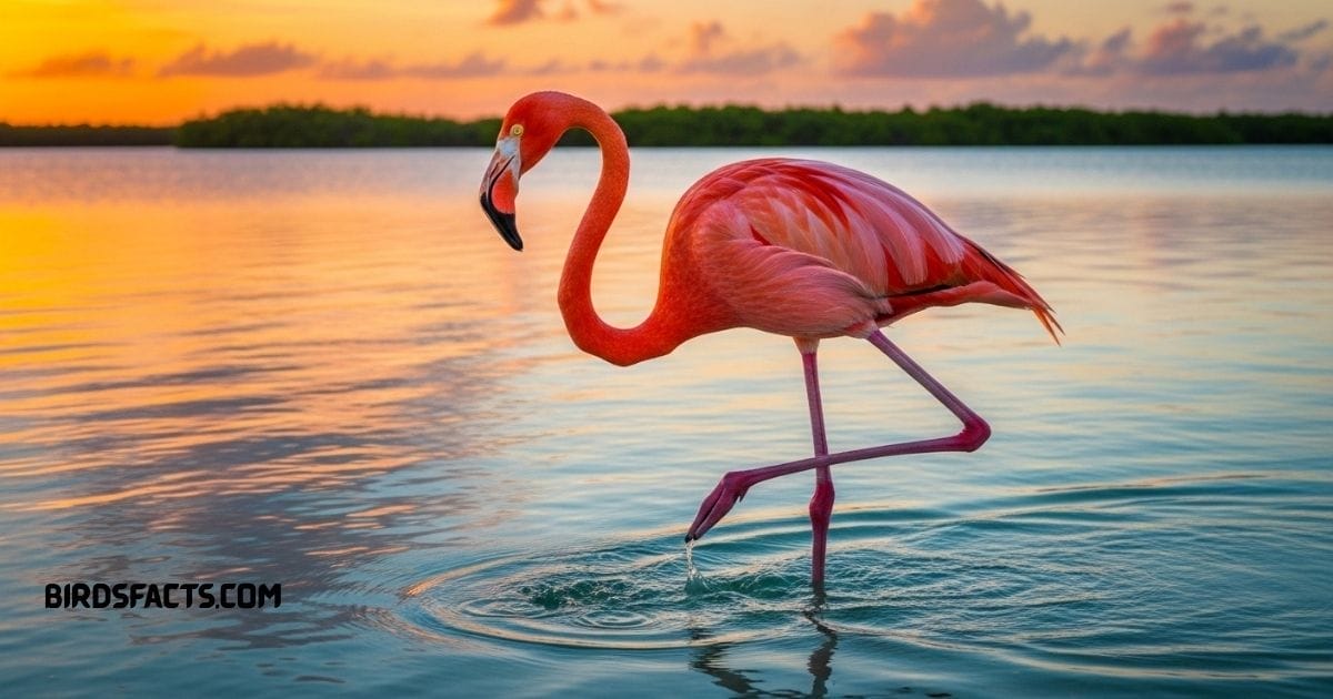 American Flamingo With Bright Pink Feathers And Long Curved Beak Standing In Shallow Water